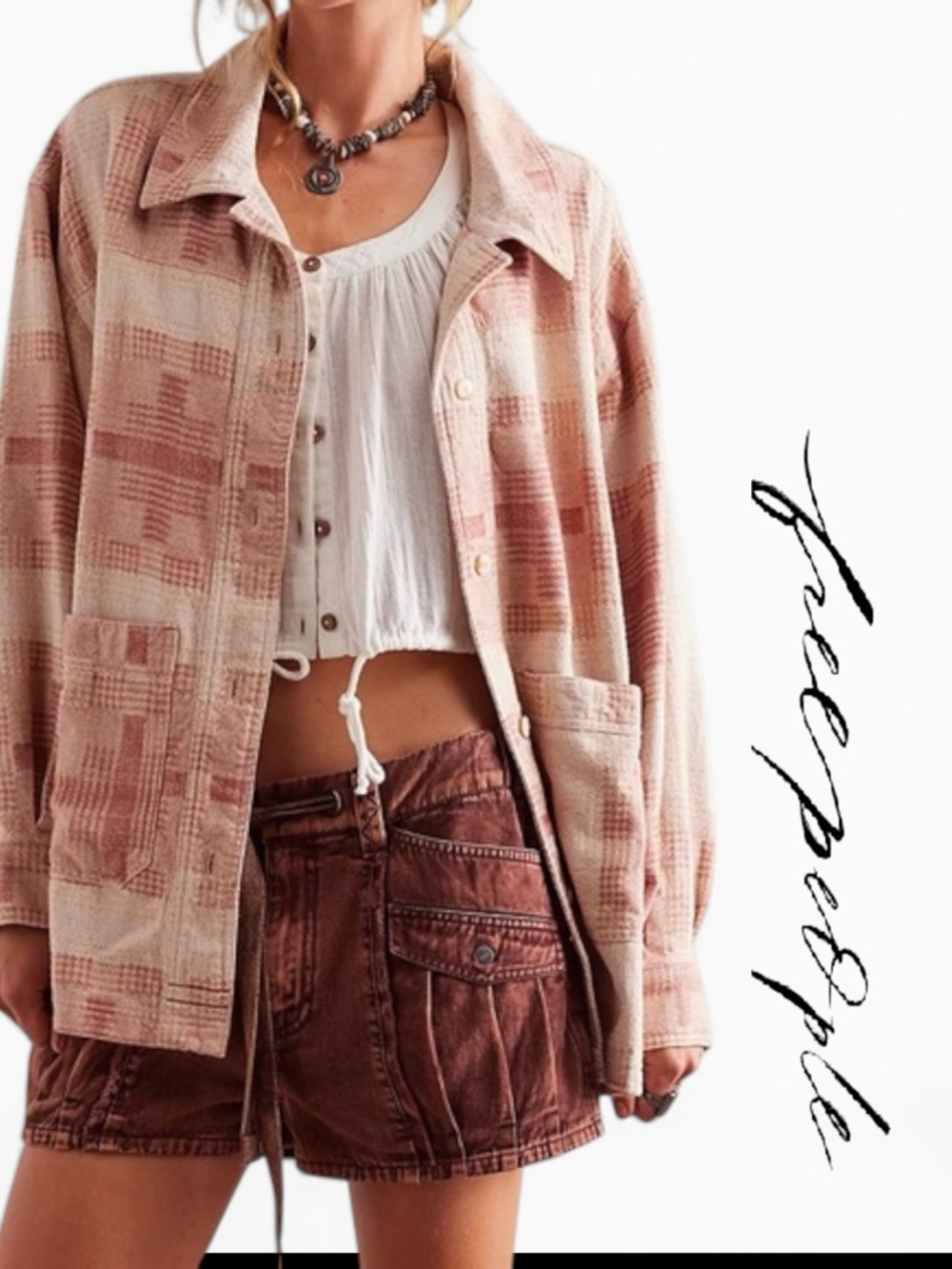 Free People We The Free Shirt Women L Beige Pink Plaid Button Up Long Sleeve
